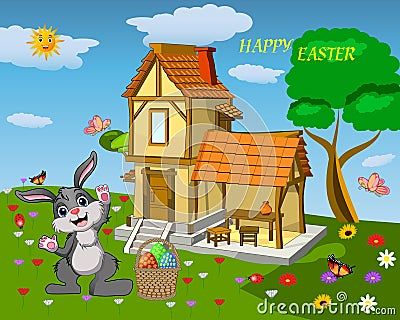 Easter greeting card. Composition with a rabbit at a country house with flowers, trees, green grass, butterflies and a basket with Vector Illustration